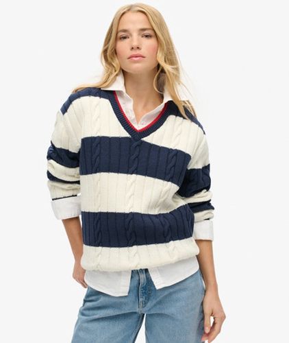 Damen Gestreifter übergröße-pullover mit Zopfmuster und V-ausschnitt - Größe: 38-40 - Superdry - Modalova