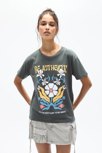 T-Shirt Gris Imprimé Fleur - Pull&Bear - Modalova