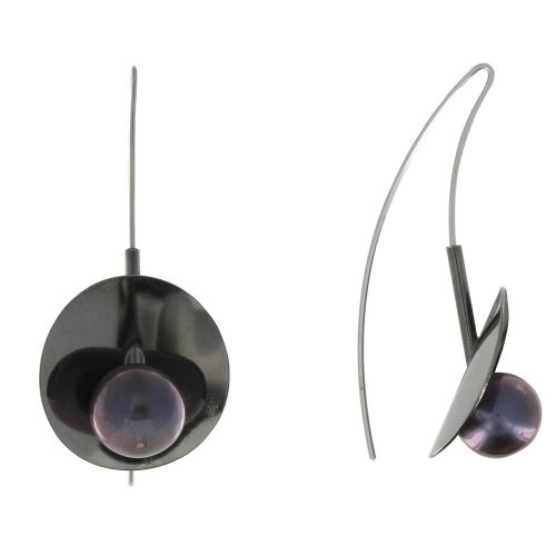 Boucles d'Oreilles Argent 925 Rhodié Oxydé Nénuphars et sa Perle de Culture Noir - LES POULETTES BIJOUX - Modalova