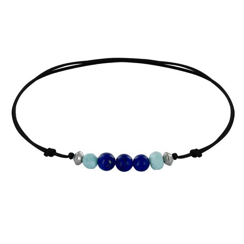 Bracelet Lien Trois Perles de Lapis Lazuli et Deux Anneaux de Larimar Facettés - LES POULETTES BIJOUX - Modalova