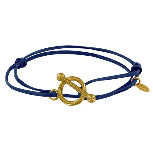 Bracelet Double Tour Plaqué Fermoir T et Lien en Cuir Coulissant - Bleu Navy - LES POULETTES BIJOUX - Modalova