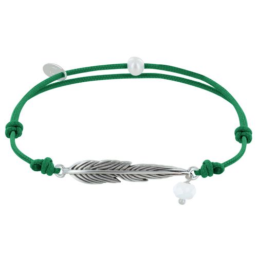 Bracelet Lien Plume Laiton Argenté et Perle Facettée - Vert - LES POULETTES BIJOUX - Modalova