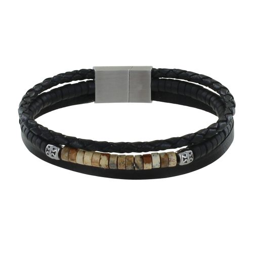Bracelet Acier Homme Cuir Trois Liens et Anneaux Oeil de - LES POULETTES BIJOUX - Modalova