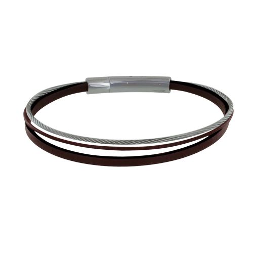 Bracelet Cuir Simple et Câble Acier Inoxydable - Marron foncé - LES POULETTES BIJOUX - Modalova