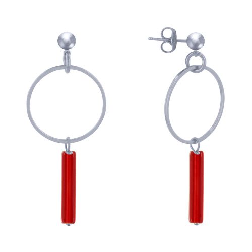 Boucles d'Oreilles Clous Argenté Cercle et Perle Rectangulaire Brillante - Rouge Pro - LES POULETTES BIJOUX - Modalova