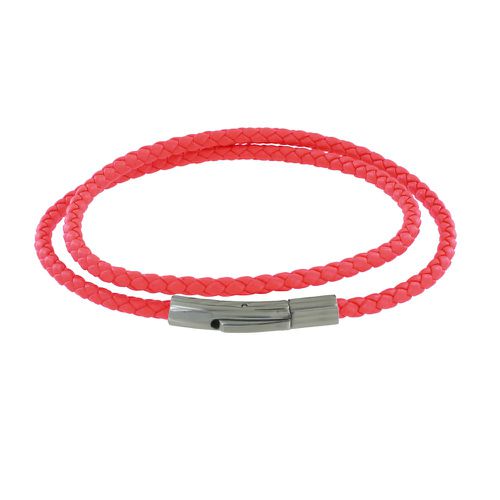 Bracelet Double Tour Cuir Tréssé Rond pour Poignet de 18cm - Rouge Geranium - LES POULETTES BIJOUX - Modalova