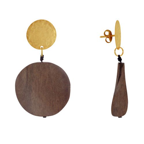 Boucles d'Oreilles Clous Laiton Mat Pastille Brossée Pétale Ronde en Bois - LES POULETTES BIJOUX - Modalova