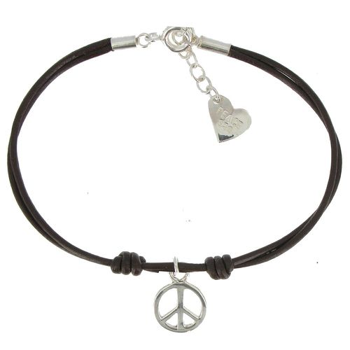 Bracelet Peace and Love Argent Lien Cuir Foncé - LES POULETTES BIJOUX - Modalova