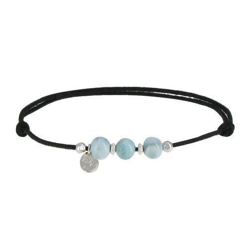 Bracelet Lien Noir 3 Perles de Larimar et Rondelles Argent - LES POULETTES BIJOUX - Modalova