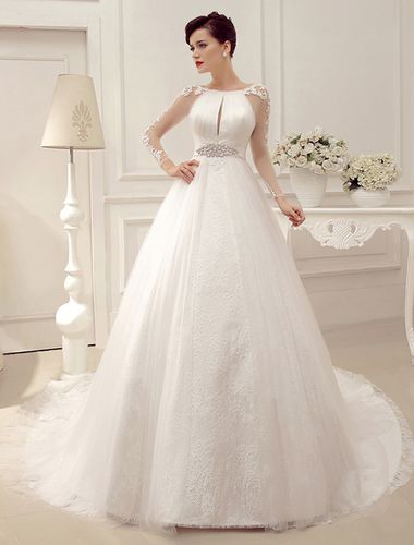 Robe de marie princesse dentelle manche longue robe de marie luxe transparente strass dcoupe avec trane - Milanoo - Modalova