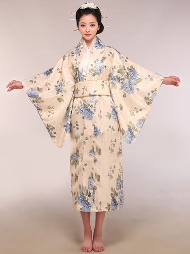Costume De Kimono Japonais Beige En Brocart Imprim Fleuri Dguisements Halloween - Milanoo FR - Modalova