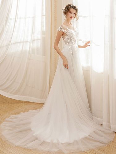 Robe de marie la plage ivoire col rond jupe plis zip sur dos trane robe de mariage - Milanoo - Modalova