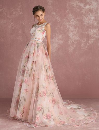 Robe de bal2022 Rose Robe Imprim Floral Robe Sans Manches Dos Nu Avec Trane Robe de Marie Mariage - Milanoo - Modalova