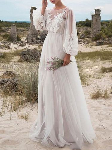 Robe de marie simple ivoire en tulle col rond manche longue longueur au sol robe de mariage - Milanoo - Modalova