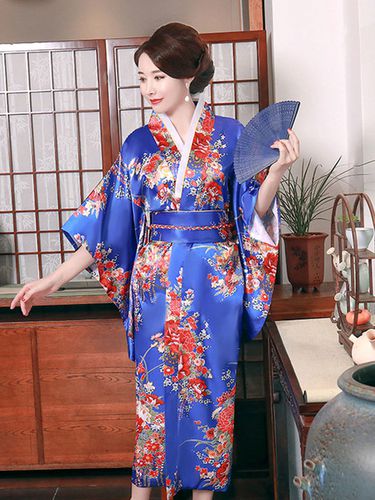 Costumes Japonais Adultes Kimono Bleu Satin Robe Oriental Set Costumes Dguisements Halloween - Milanoo FR - Modalova