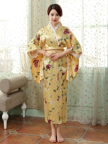 Japonais Costumes Adulte Jaune Kimono Robe Satin Set Oriental Costumes De Vacances Dguisements Halloween - Milanoo FR - Modalova