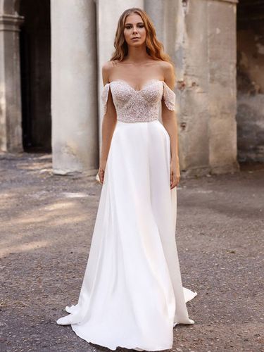 Robe de marie simple blanche en tissu satin dcoup hors de l\\\'paule longueur au sol robes de mariage - Milanoo - Modalova