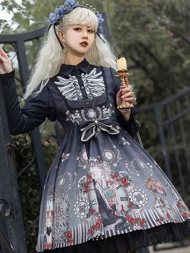 Gothique Chemise Lolita Top Collier Manches Longues Imprim Squelette Lolita Noire Blanche - Milanoo FR - Modalova