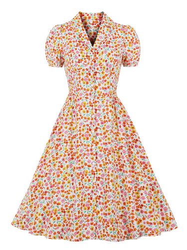 Robe rtro des annes 1950 col en V manches courtes longueur genou imprim fleuri Rockabilly robe - Milanoo - Modalova