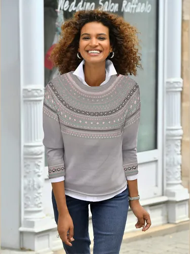 Pull au motif norvégien en jacquard col rond avec bordure ondulée - Helline - Modalova