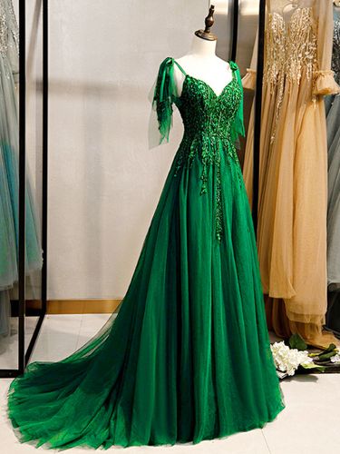 Robe de bal dentelle col en V A-ligne sans manches perles à lacets robes de soirée maxi - milanoo.com - Modalova