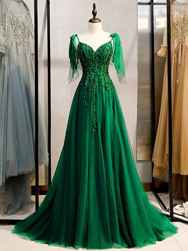 Robe de bal dentelle col en V A-ligne sans manches perles à lacets robes de soirée maxi - milanoo.com - Modalova