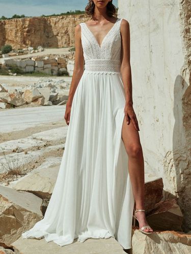 Robe de mariée bohème haut en dentelle col V dos nu jupe fendue en tulle - milanoo.com - Modalova