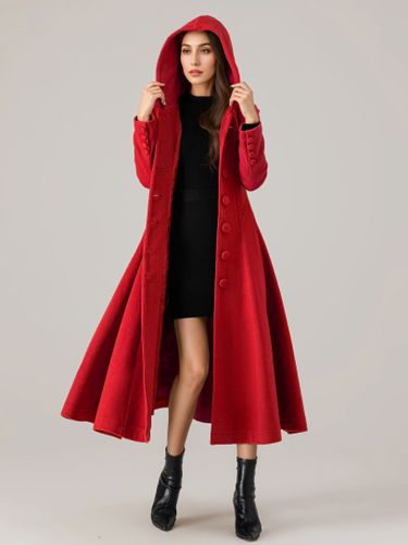 Manteau évasé en laine avec capuche rouge coupe trapèze long vêtement d'extérieur d'hiver 2025 - milanoo.com - Modalova