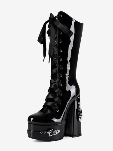 Bottes hautes à plateforme et boucle lacets et talons épais - milanoo.com - Modalova