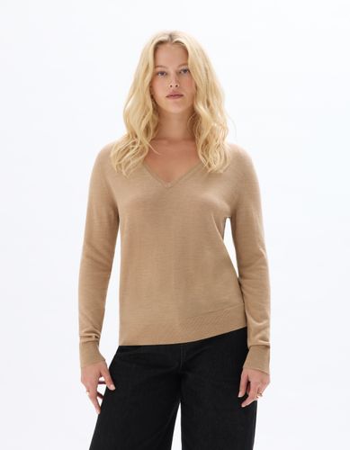 Pull 100% laine mérinos col v - beige - celio - Modalova