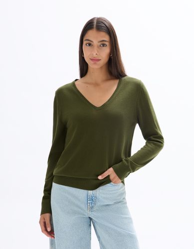 Pull 100% laine mérinos à col V - vert - celio - Modalova