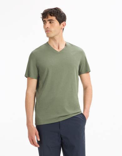 T-shirt regular col v 100% coton - vert - camaieu - Modalova