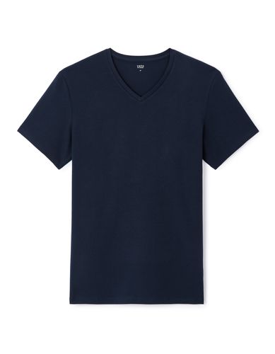 T-shirt slim col V en coton stretch - marine - camaieu - Modalova