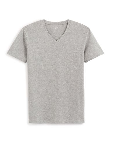 T-shirt col V en coton stretch - gris chiné - camaieu - Modalova