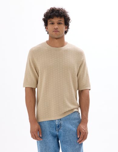 T-shirt boxy col rond en maille ajourée - sand - camaieu - Modalova
