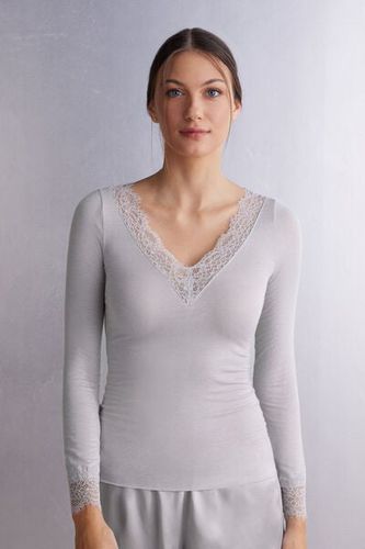 Modal Cashmere Ultralight Long Lace Shirt Woman Pale Grey Size S - Intimissimi - Modalova