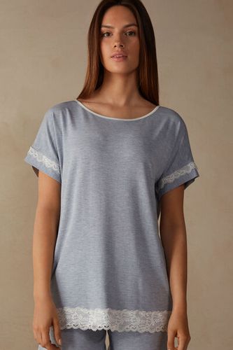 Short-Sleeve Modal Top with Lace Detail Woman Light Blue Size S - Intimissimi - Modalova