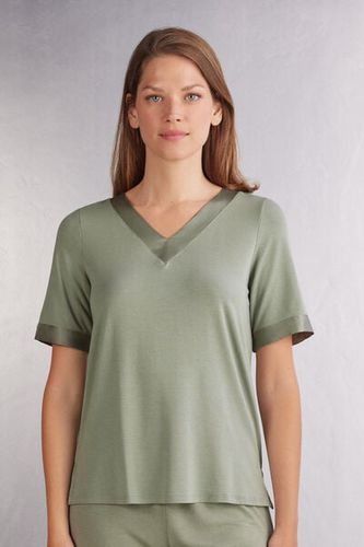 Satin Details Short Sleeve Modal Top Woman Green Size S - Intimissimi - Modalova