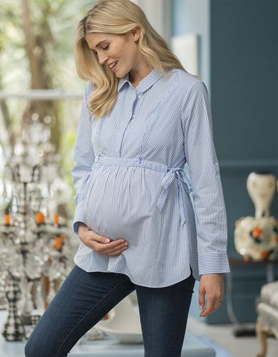 Chemise de grossesse et d'allaitement à fines bleues et blanches avec lien sur le côté - Seraphine - Modalova