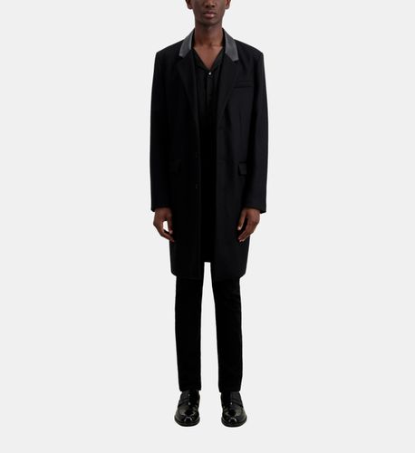 Manteau Noir Long En Mélange De Laine Avec Détails En Cuir - The Kooples - Modalova