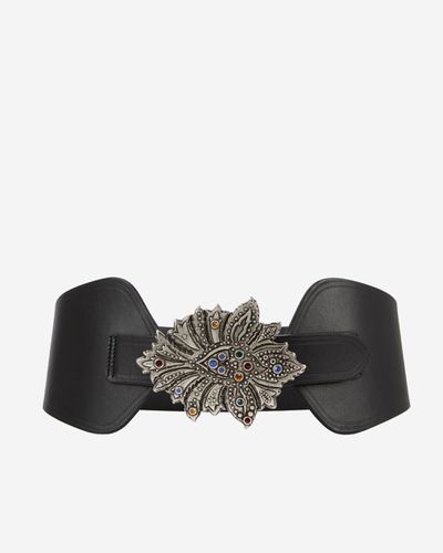 Ceinture Large En Cuir Noir Avec Boucle Fleur - The Kooples - Modalova