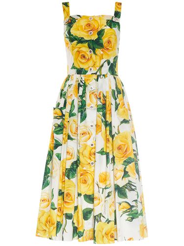 Robe Midi En Popeline De Coton Imprimé Roses - DOLCE & GABBANA - Modalova