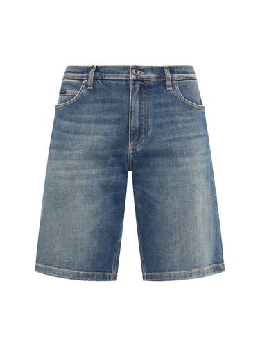 Short En Denim Stretch Avec Plaque À Logo - DOLCE & GABBANA - Modalova