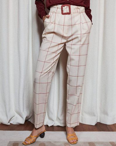 Pantalon de tailleur 100% Laine à carreaux écru/rouge - Maison Père - Modalova