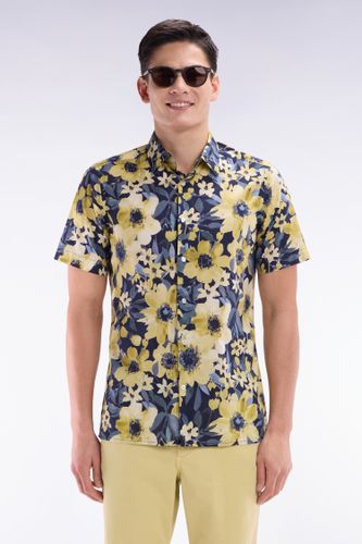 Chemise À Manches Courtes En Popeline De Coton Marine Motif Floral Jaune Coupe Droite - Eden Park - Modalova