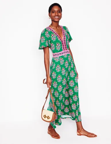 Robe longue style 40s Ellie à manches aériennes-Émeraude profond, motif Wildflower Stamp - Boden - Modalova