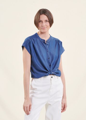 Chemise bleu denim fluide col mao manches courtes - La Fée Maraboutée - Modalova