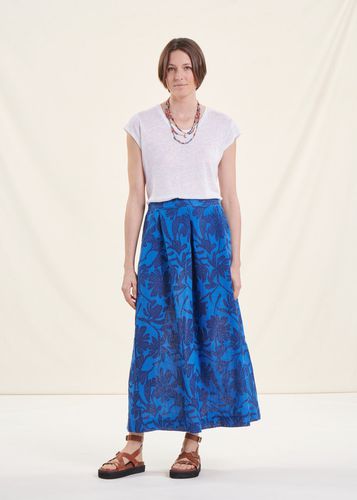 Jupe mi-longue en lin bleu coupe trapèze fleurie - La Fée Maraboutée - Modalova