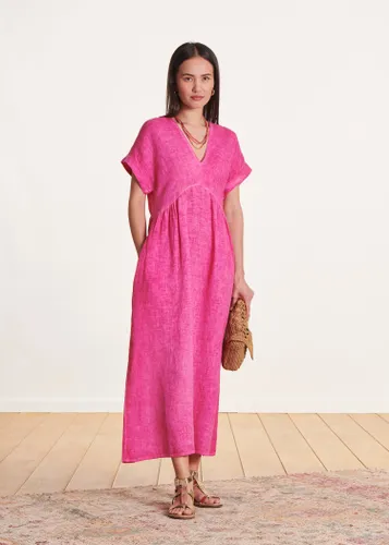 Robe longue évasée en lin rose à manches courtes - La Fée Maraboutée - Modalova