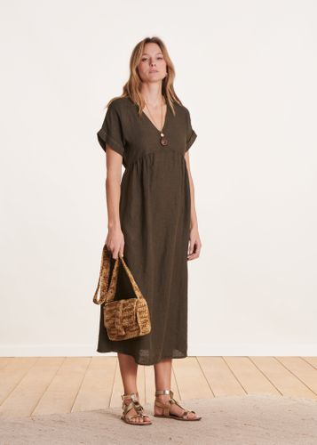 Robe longue évasée en lin marron manches courtes - La Fée Maraboutée - Modalova